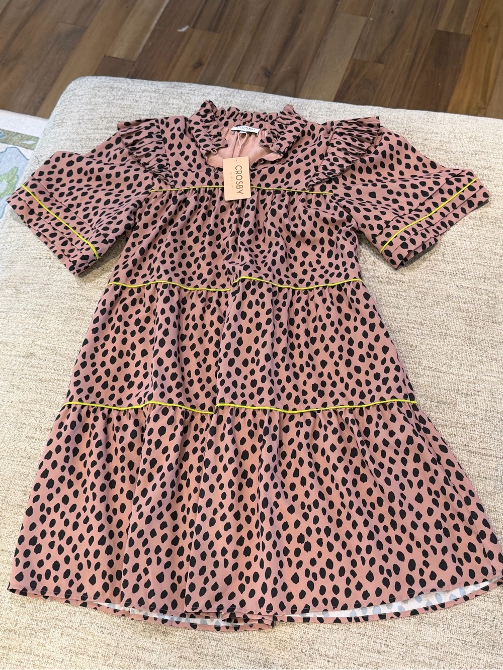 CROSBY by Mollie Burch Animal Print Tiered Midi Dress with Black Spots.